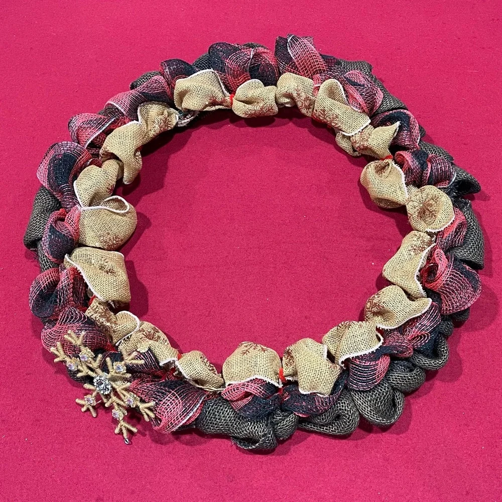Handmade Christmas Burlap Mesh Wreath with Snowflake Ornament